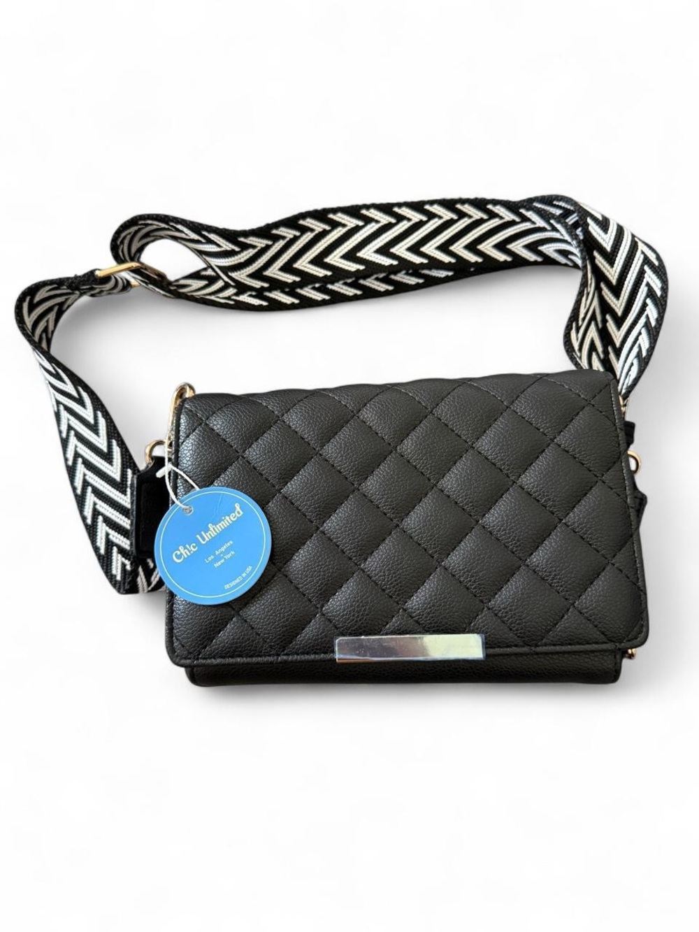 Black Quilted Crossbody Bag with Patterned Strap